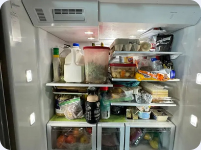 Open refrigerator food compartment showing shelves, stored food, ceiling vents and lighting.