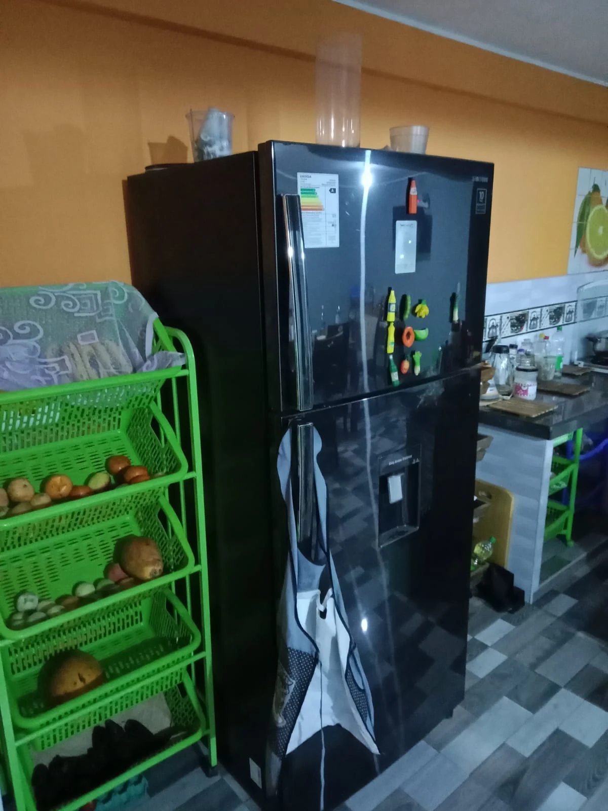 Refrigerator and freezer doors in a home kitchen